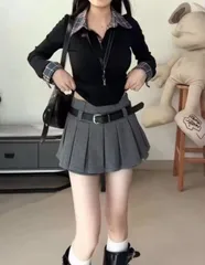 【新品未使用品】プリーツ ミニスカート グレー S アメリカンスタイル Y2K キュロット ベルトつき