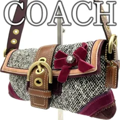 【超レア】コーチ COACH ソーホー ショルダーバッグ ツイード リボン ベルトデザイン ワンショルダー バーガンディ ブラウン ゴールド金具 クラシック ヴィンテージ調 Y2K 肩掛け ハンドバッグ 秋冬スタイル コンパクト 上品 デザインバッグ