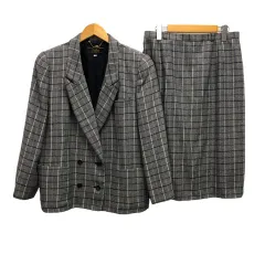 レリアン Leilian スカートスーツ セットアップ  ダブルジャケット タイトスカート 膝丈 チェック ウール 13+ 黒 ブラック 白 ホワイト