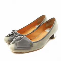 ランバンオンブルー LANVIN en Bleu パンプス スクエアトゥ チャンキーヒール リボン スエード 22.0cm グレー 2367 /AN9