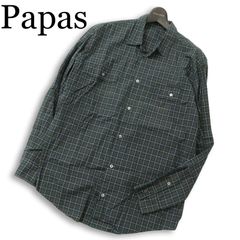 パパス Papas ブルー リネンシャツ トップス 長袖 長袖シャツ 麻 M