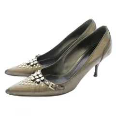 プラダ PRADA パンプス ポインテッドトゥ レザー スタッズ ビジュー装飾 ベルト 37 チャコールグレー /KU