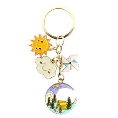風車 太陽 雲 月の街 キーホルダー 星空 夜景 幻想 ファンタジー 月 星 鍵