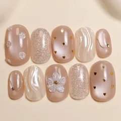 ラウンドタイプ  ショート (1•3•2•3•8)ネイルチップ ニュアンス ぷっくりフラワー ハート ラメ ベージュ系