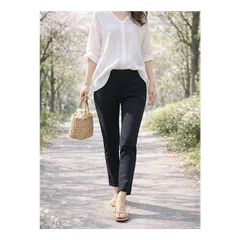 穿いている感じがしない美脚スキニーストレートストレッチロングパンツ:7～13号の方対応！通年使用◎黒ピュアブラック