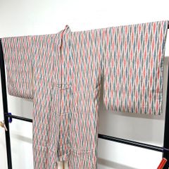 小紋 セミアンティーク 幾何学 縦縞 身丈159 裄64 正絹 着物 052tz