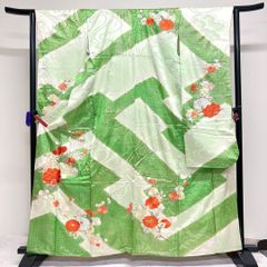 アンティーク　振袖　刺繍　金駒刺繍　牡丹　菊花　梅花　流水　松　着物　039k 振袖 金駒刺繍 刺繍 金彩 牡丹 菊花 梅花 グリーンカラー 着物 013tz