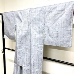 小紋　紬　抽象模様　リーフ模様　くすみブルー　着物　014tz