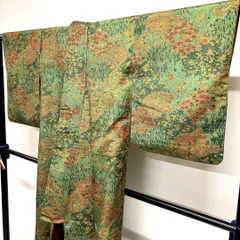 小紋　紬　花模様　花畑　変わり斜め格子　グリーンカラー　着物　014tz