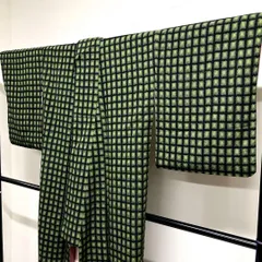 小紋　紬　格子模様　グリーンカラー　グラデーション　着物　016tz