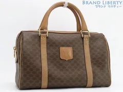 セリーヌ　CELINE　ヴィンテージ　マカダム　ミニボストンバッグ　ハンドバッグ　ベージュ×ダークブラウン　PVC　レザー