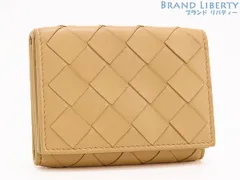 【美品】　ボッテガ ヴェネタ　イントレチャート　ミニウォレット　三つ折りウォレット　三つ折り財布　コンパクト財布　アーモンド　ベージュ　ラムレザー　カーフレザー　635561