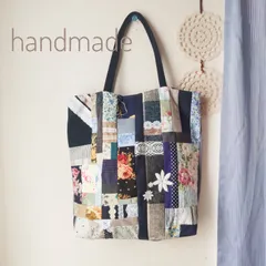 ハンドメイド　パッチワーク　トートバッグ　ブルー花柄