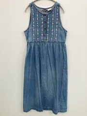 ERIKA ワンピース S ブルー デニム 刺繍 ひざ丈 フレア