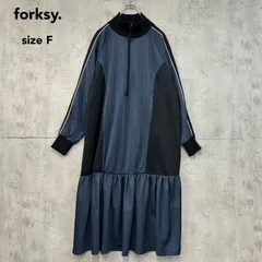 美品 forksy. フォルクシー ハーフジップライン配色ジャージワンピース ネイビー ブラック 異素材 切替 ギャザー フレア スカート ロング丈 マキシ丈 ハイネック トラックジャケット 裾フリル Aライン 伸縮性 ストレッチ ワンピ ★ ■◇