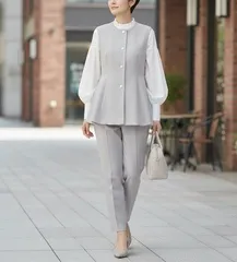 【新品】上下セット ペプラムベスト＆テーパードパンツセットアップ（2点セット）ライトグレー・黒・M・L ｜「ベストだから叶う」自由な着回しと、洗練された旬のセレモニー・オフィススタイル 防シワ・抗菌防臭