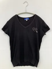 BURBERRY BLUE LABEL Tシャツ/カットソー 38 ブラック ワンポイント ブランドロゴ 刺繍 ミドル丈 半袖 Vネック