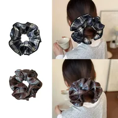 チェック柄 シュシュ ヘアゴム ブラウン系　ブルー系