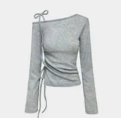 新品 オフショルダー シャーリング 長袖 Tシャツ グレー