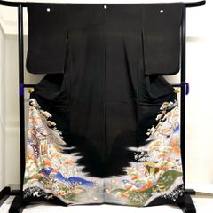 黒留袖 アンティーク 五つ紋 金駒刺繍 刺繍 松竹梅 御所車 着物 016tz