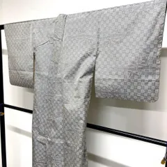 小紋　紬　竹　笹の葉　井桁　バチ襟　グレーカラー　着物　017tz