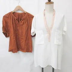 ナチュラルビューティーベーシック NATURAL BEAUTY BASIC ナチュラルビューティー NATURAL BEAUTY ブラウス 2枚セット 半袖 スリットネック タック シースルー 白 茶 ホワイト ブラウン 36 S