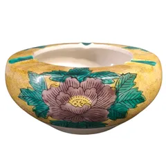 九谷焼 灰皿 牡丹 花柄 フラワー模様 陶器 置物 インテリア雑貨 オブジェ レトロ ヴィンテージ 円形