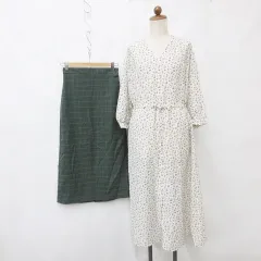 ジーユー GU ワンピース スカート 2枚セット 長袖 シャツワンピ ノーカラー ロング丈 フレア ペチコート付 タイト 花柄 チェック柄 白 緑 ホワイト グリーン S