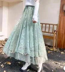 新品) 55-88可能 グリーン パールレース チュールスカート