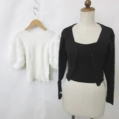 グレイル GRL ニット アンサンブル セーター3枚セット カーディガン 長袖 Vネック キャミソール パフ袖 半袖 シャギー 黒 白 ブラック ホワイト S