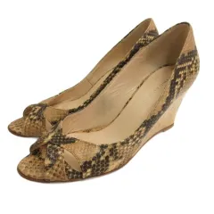 ファビオルスコーニ FABIO RUSCONI パイソン型押し パンプス オープントゥ ウェッジソール 37 ベージュ系 250819E 靴