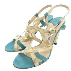 ジミーチュウ JIMMY CHOO ストラップサンダル 本革 レザー ハイヒール 38 エメラルドグリーン ゴールドカラー /UO
