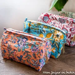 かわいいボタニカル柄の木版染め 大きめポーチ【9色展開】 / メイクポーチ ポーチ 小物入れ メイクバッグ プレゼント 