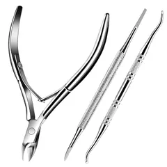 ネイルケアセット 3 点入り ステンレス製 ネイルニッパー（巻き爪切り）＋爪垢取り（足ゾンデ）＋巻き爪ヤスリ キューティクル/甘皮切り対応 硬い爪・陥入爪用 自宅足爪ケア 0