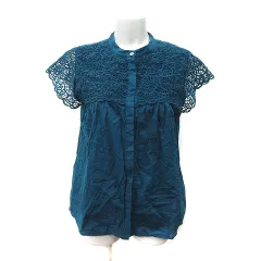 ルクールブラン le.coeur blanc シャツ ブラウス 切替 刺繍 レース 半袖 38 M 緑 グリーン /YI