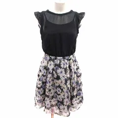 リランドチュール Rirandture ワンピース フレア ミニ ドッキング シフォン 花柄 フレンチスリーブ 2 M 黒 ブラック 紫 パープル /YK