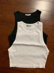 ザラ ZARA 립 タンクトップ ブラック/白 L (55-66)