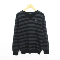 バーバリーブラックレーベル BURBERRY BLACK LABEL ニット セーター 長袖 Vネック ボーダー 薄手 カシミヤ混 3 ブラック×グレー ※EKM