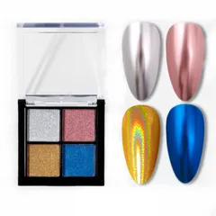 【数量限定】【大人気】ネイルアート ブルー ジェルネイル シルバー ピンク レジン ゴールド パウダー メタリックパウダー ミラーネイル 4色セット チップ付き ネイルパウダー 固形 (D) パレット ミラーパウダー