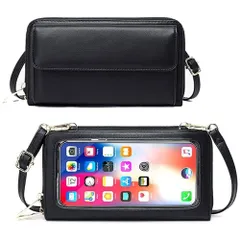 スマホショルダー 入れたまま操作 財布 一体型 レディース 防水 大きめ 大容量 斜めがけ スマホポーチ スマホバッグ ポシェット ストラップ付 (ブラック)