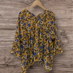 花柄ギャザーブラウス Vネック フレアスリープ フラワー  サイズM