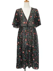 イング INGNI カーディガン ガウン 花柄 ロング シフォン 五分袖 M 黒 ブラック