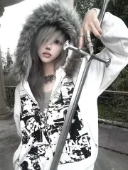 PAIKI ヴィンテージ ウォッシュ ファー フードジップアップ Tシャツ 白