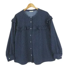 ノアンヌ noannu ブラウス シャツ フリル 水玉 ドット柄 パールボタン ストレッチ 長袖 5L 紺 ネイビー 白 ホワイト 大きいサイズ