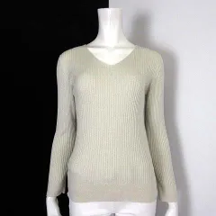 レミュー LES MUES ニット セーター リブ 切替 ウール ラメ Vネック クリア ボタン装飾 長袖 L アイボリー ゴールド