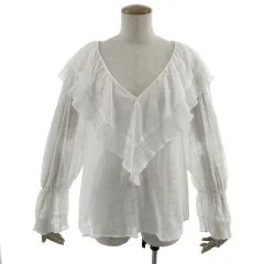 ザラ ZARA カットソー Vネック 長袖 フリル シースルー コットン 格子柄 ホワイト 白