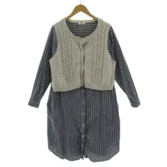 ビームスハート BEAMS HEART ワンピース ニットベスト レイヤード風 切替え 長袖 ミディ丈 グレージュ ストライプ ネイビー 紺 ホワイト 白