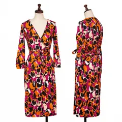 ダイアンフォンファステンバーグDIANE VON FURSTENBERG シルクまだらプリントカシュクールワンピース 紫オレンジ