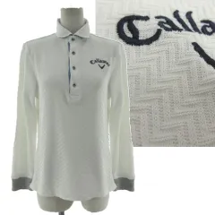 キャロウェイ CALLAWAY ヘリンボーン柄ロングスリーブポロシャツ 241-7256004 ロゴ刺繍 コットン混 ホワイト 白 ネイビー 紺 M