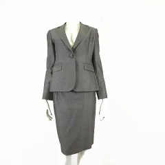 ミッシェルクラン MICHEL KLEIN スカートスーツ セットアップ ヘリンボーン柄 シルク ウール シングル ジャケット ひざ丈 スカート M 38 グレー